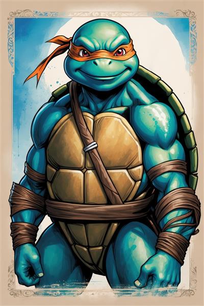 تصویر مایکل‌آنجلو لاک‌پشت نینجا با نقاب نارنجی در پس‌زمینه شب