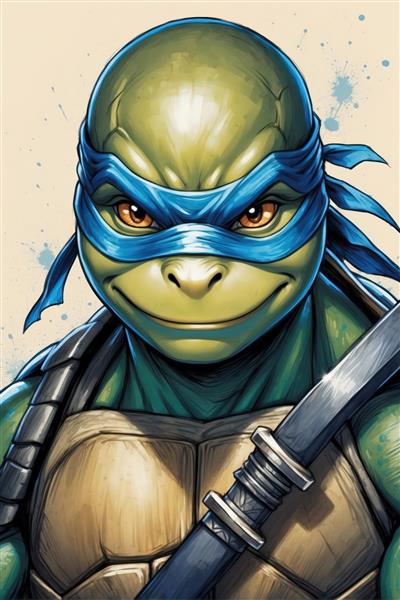 پرتره گرافیکی لئوناردو لاک‌پشت نینجا با نقاب آبی و چشم‌های نارنجی