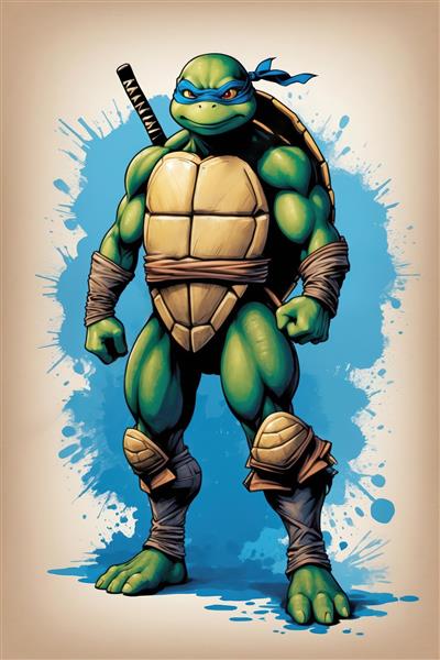 پوستر لاک‌پشت نینجا لئوناردو کامل با کاتانا و پس‌زمینه آبرنگی