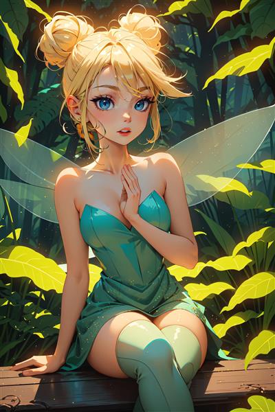 تینکربل نشسته با لباس مجلسی در میان گیاهان استوایی