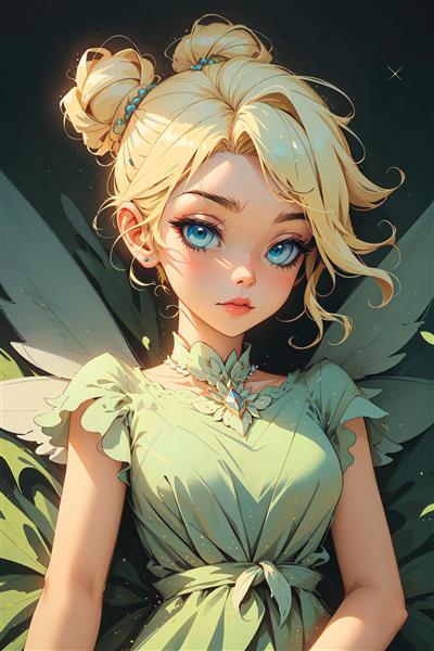 پرتره نزدیک تینکربل در پس‌زمینه برگ‌های سبز تیره