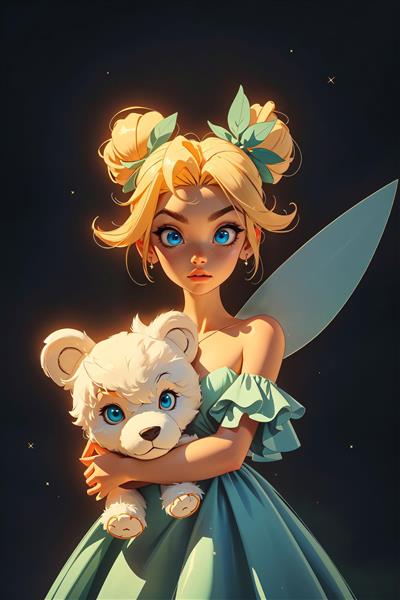 تینکربل با خرس عروسکی سفید و موهای گره‌زده