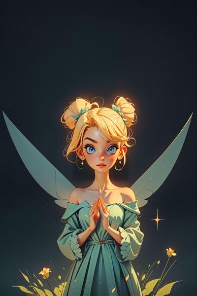 تینکربل ایستاده با لباس زمردی و موهای بان بان در پس زمینه تاریک