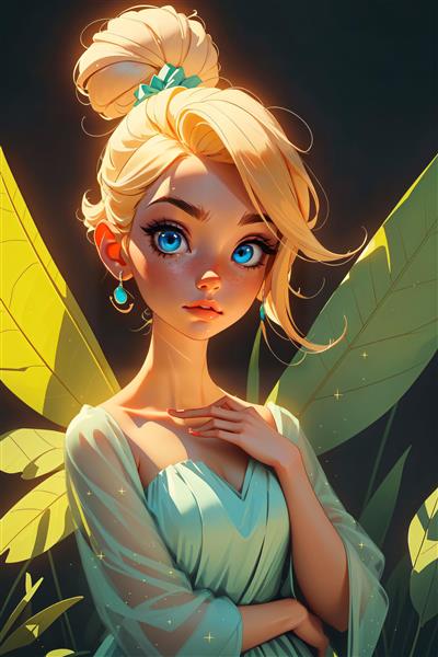 پرتره فانتزی تینکربل با لباس حریر و برگ‌های درخشان