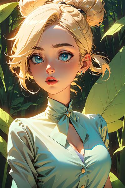 پرتره کارتونی تینکربل با پیراهن سبز و پاپیون در جنگل