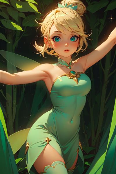 تینکربل رقاص با لباس سبز در میان برگ‌ها