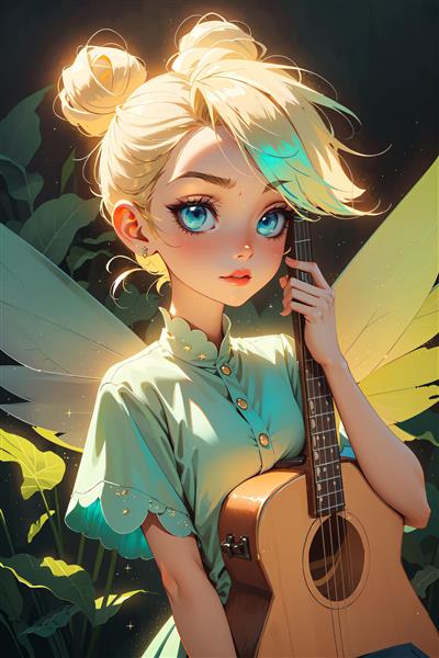 پرتره کارتونی تینکربل با گیتار در جنگل