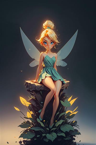 پری تینکربل نشسته روی تنه درخت درخشان