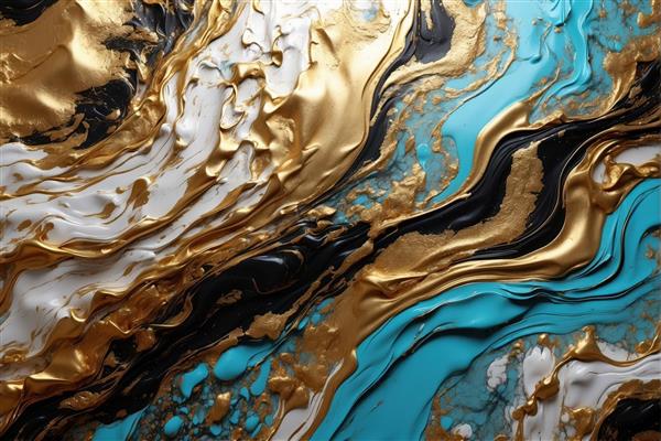 امواج بافت‌دار طلا، فیروزه‌ای و سیاه در طرحی پر جنب و جوش