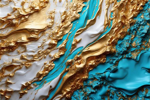 بافت مجلل و ضخیم با جریان فیروزه‌ای و طلای خرد شده