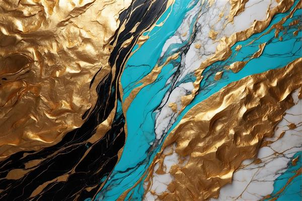 بافت سنگ مرمر فیروزه‌ای و طلایی با رگه‌های سیاه و سفید