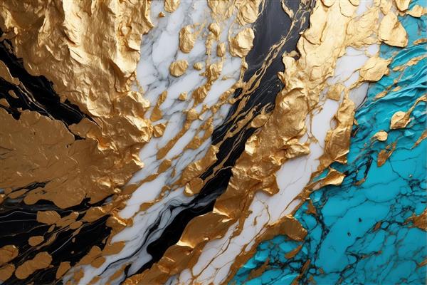 بافت دراماتیک با تلاقی رنگ فیروزه‌ای، طلا و مرمر سیاه