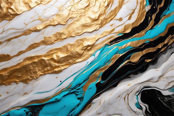 جریان آبستره فیروزه‌ای، سیاه و طلایی روی زمینه مرمرین