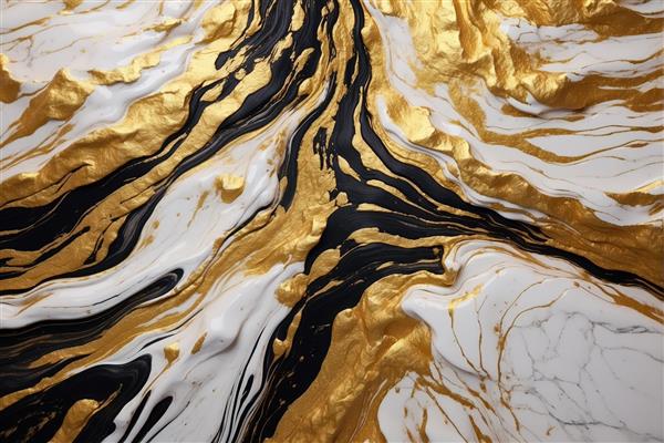 جریان انتزاعی کوهستانی رنگ، با رگه‌های طلای مایع و سیاه