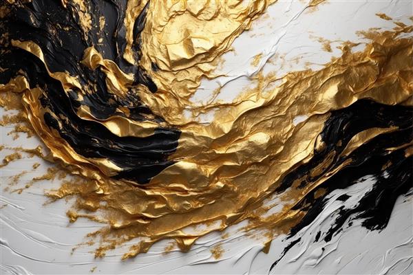 نقاشی بافت‌دار انتزاعی با امواج سیاه و طلای مذاب
