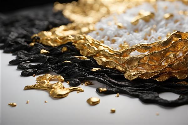 تصویر ماکرو از ذرات و مواد مذاب طلایی روی بافت مشکی و سفید