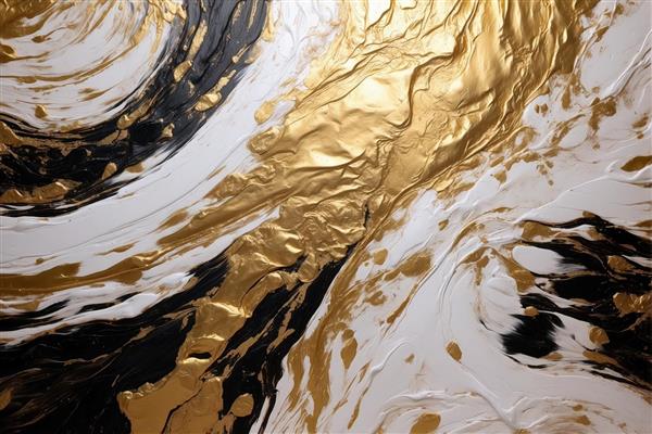 الگوی لوکس ماربل طلایی برجسته در میان موج‌های سیاه و سفید