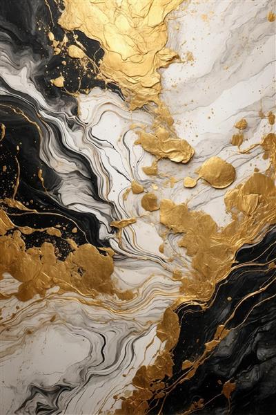 مخلوط آبستره طلایی کوبیده شده: بافت حجیم مرمر مشکی و سفید با جزئیات درخشان