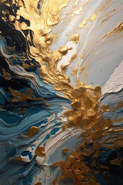 بافت اورجینال عمودی: ریزش رنگ‌های طلایی و آبی فیروزه‌ای بر روی زمینه سفید، بافت اقیانوسی، مناسب چاپ عریض
