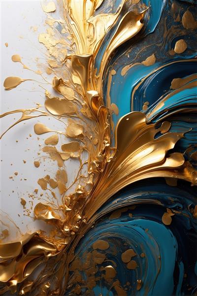 عکس اختصاصی عمودی: فواره رنگ طلایی با زمینه سفید و آبی فیروزه‌ای در تضاد، مناسب چاپ گالری
