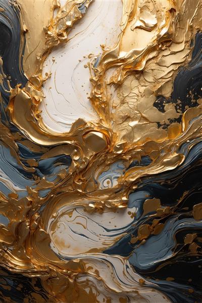 طرح باکیفیت عمودی: تلاطم موج‌های طلایی، سفید و آبی تیره، بافت غلیظ، مناسب دکوراسیون کلاسیک مدرن