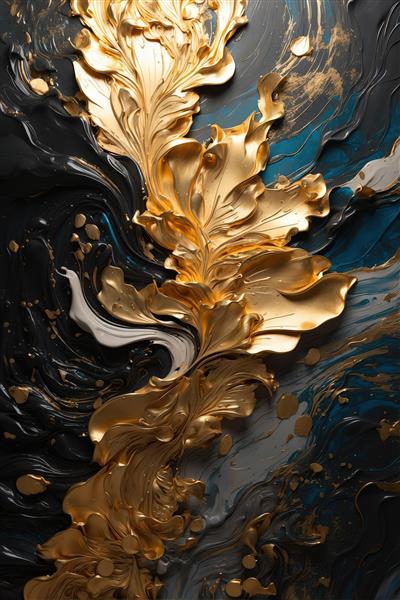 بافت اورجینال عمودی: فرم‌های برگ‌مانند طلایی در زمینه آبی تیره و مشکی، مناسب چاپ هنری دارک لوکس