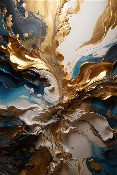 تصویر لوکس عمودی: انفجار مرکزی طلایی، آبی فیروزه‌ای و سفید، بافت امپاستو، مناسب چاپ عریض پرتره