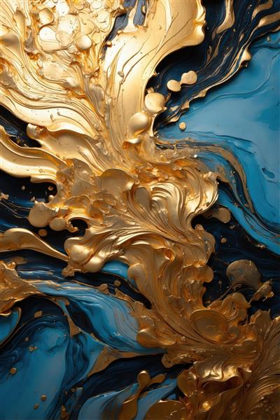 عکس اختصاصی عمودی: پاشش رنگ طلایی مذاب با زمینه‌ی آبی فیروزه‌ای، بافت برجسته، مناسب چاپ روی بوم