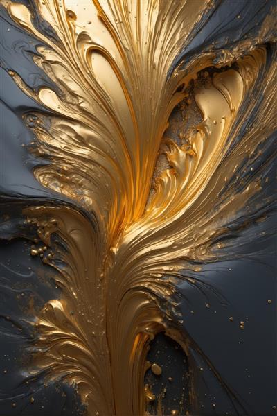 طرح باکیفیت عمودی: فوران رنگ طلایی با بافت غلیظ در زمینه خاکستری تیره، مناسب تابلوهای مدرن