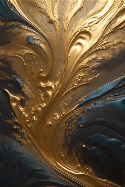 بافت اورجینال عمودی: جریان‌های مجسمه‌مانند طلایی در زمینه آبی درباری تیره، مناسب چاپ فاخر و پرتره