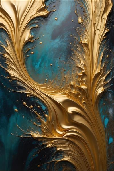 تصویر لوکس عمودی: رشد ساقه مانند طلایی در زمینه آبی تیره، بافت قطرات رنگ، مناسب طراحی کارت