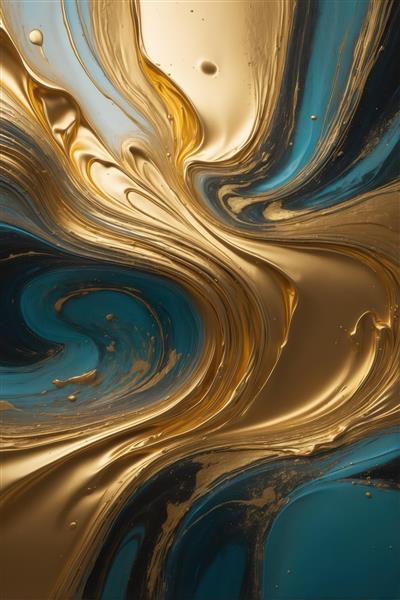 تصویر لوکس عمودی: موج‌های چرخشی طلایی با رگه‌های آبی اقیانوسی، بافت روغنی، مناسب زمینه موبایل