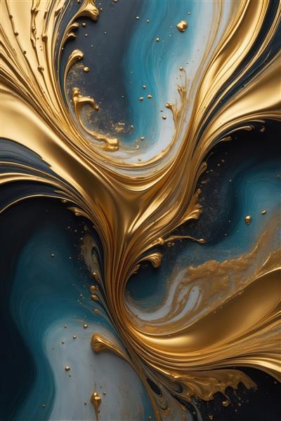عکس اختصاصی عمودی: گرداب طلایی در مرکز آبی تیره و فیروزه‌ای، بافت مایع، مناسب چاپ عریض پرتره