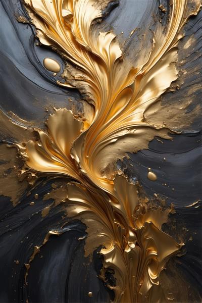 طرح باکیفیت عمودی: جریان پرمانند طلایی در زمینه خاکستری تیره و مشکی، مناسب چاپ گالری و دکوراسیون شیک