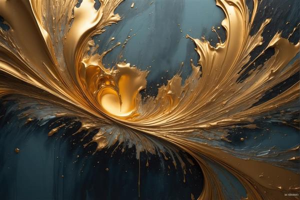بافت اورجینال: پاشش رنگ طلایی در زمینه آبی خاکستری تیره، جلوه پر مانند، مناسب چاپ هنری و گالری
