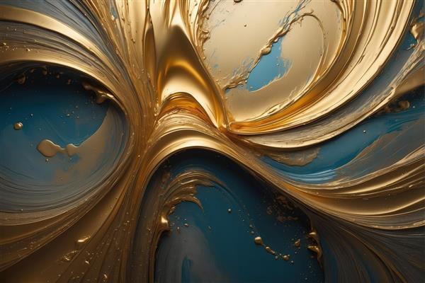 تصویر لوکس: بافت ابستره از تلاقی رنگ طلایی و آبی کبالت، جریان مایع، مناسب چاپ عریض