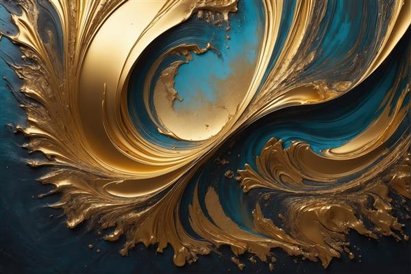 طرح اورجینال: موج طلایی در زمینه آبی اقیانوسی عمیق، بافت برجسته، مناسب چاپ روی شاسی و دکور خانه