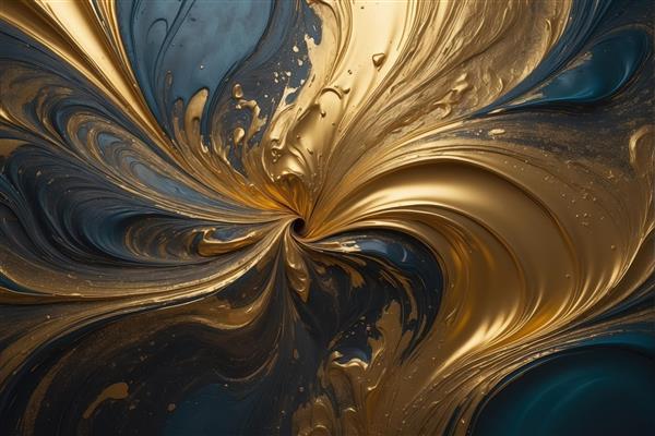 طرح باکیفیت: مرکز گردابی رنگ‌های طلایی و آبی تیره، بافت روغنی و مایع، مناسب چاپ روی بوم و محصولات دکوراتیو