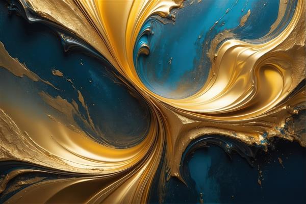 تصویر اورجینال: بافت انتزاعی لوکس از جریان رنگ طلایی در ترکیب با آبی کبالت، مناسب چاپ باکیفیت عریض