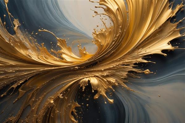 عکس اختصاصی: پس‌زمینه انتزاعی از پاشش رنگ طلایی مایع در زمینه خاکستری تیره، مناسب چاپ ابستره و لوکس