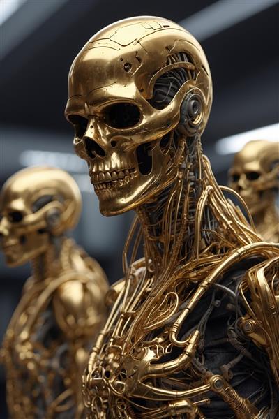 طرح باکیفیت: گروهی از سایبورگ‌های طلایی در فضای صنعتی، مناسب چاپ سه بعدی و دکوراسیون