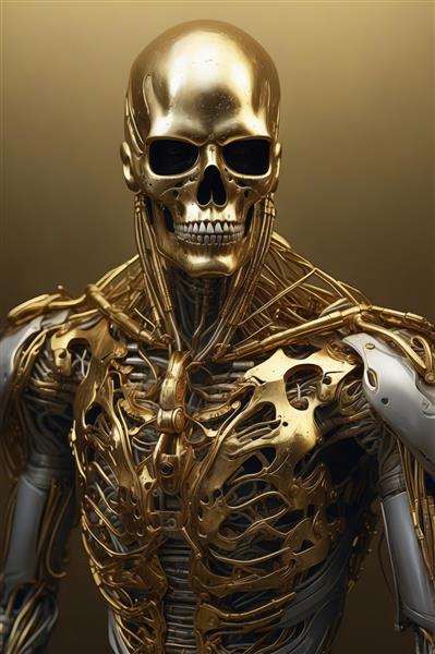 عکس اختصاصی: پرتره اسکلت سایبورگ تمام طلایی و نقره‌ای، طرح بیومکانیک، مناسب برای چاپ تابلو و گالری