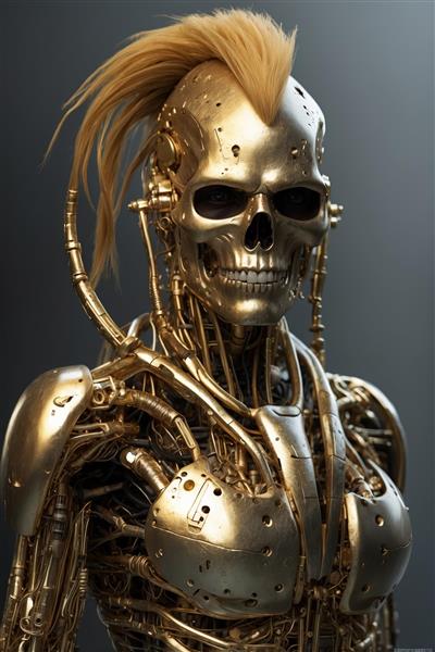 طرح باکیفیت: اسکلت رباتیک طلایی (سایبورگ) با موهای پانک زرد، مناسب چاپ خاص و محصولات دکوراتیو