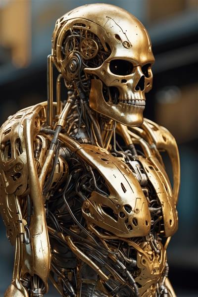 تصویر اورجینال: ربات اسکلتی طلایی با جزئیات کامل، مناسب پوستر فیلم و پس‌زمینه دسکتاپ