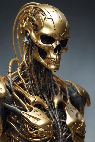 عکس اختصاصی: پرتره سایبورگ طلایی با کابل‌های سر، طراحی صنعتی و های تک، مناسب چاپ با کیفیت بالا