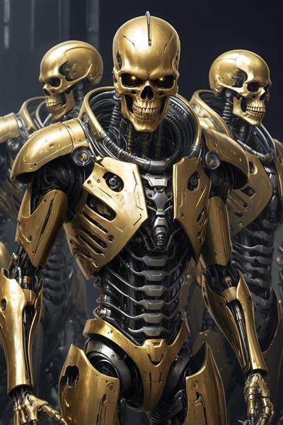 طرح باکیفیت: سایبورگ طلایی (اسکلت رباتیک) با زره، پس‌زمینه تیره، مناسب برای چاپ عریض و تابلوهای مدرن