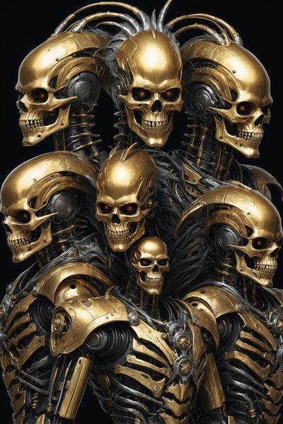 تصویر اورجینال: ارتش اسکلت‌های رباتیک طلایی (سایبورگ) با چشم‌های قرمز، مناسب چاپ دکوراتیو و پوستر سه بعدی