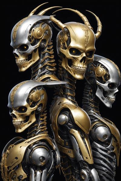 هیدرا اسکلتی طلایی با چندین سر و زره سایبرپانک، تم تاریک