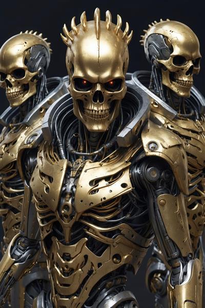 لشکر ربات‌های اسکلتی طلایی و نقره‌ای با شاخ و زره جنگی