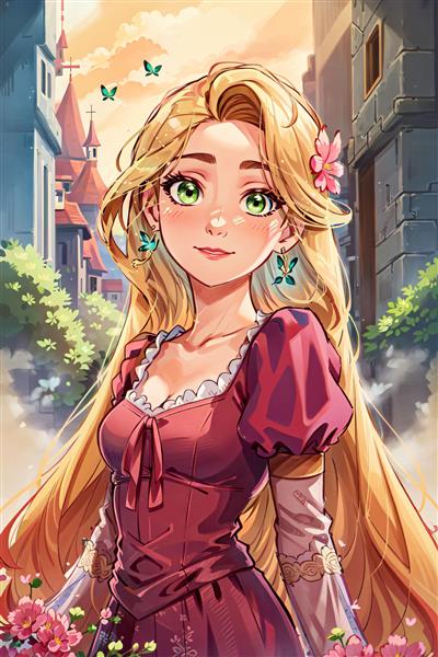 راپونزل با پروانه‌های فیروزه‌ای در بالکن چوبی (انیمیشن دیزنی)